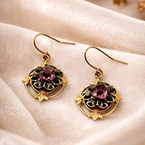 Vintage Floral Dangle Earrings | Purple & Black Stones | Art Nouveau Style